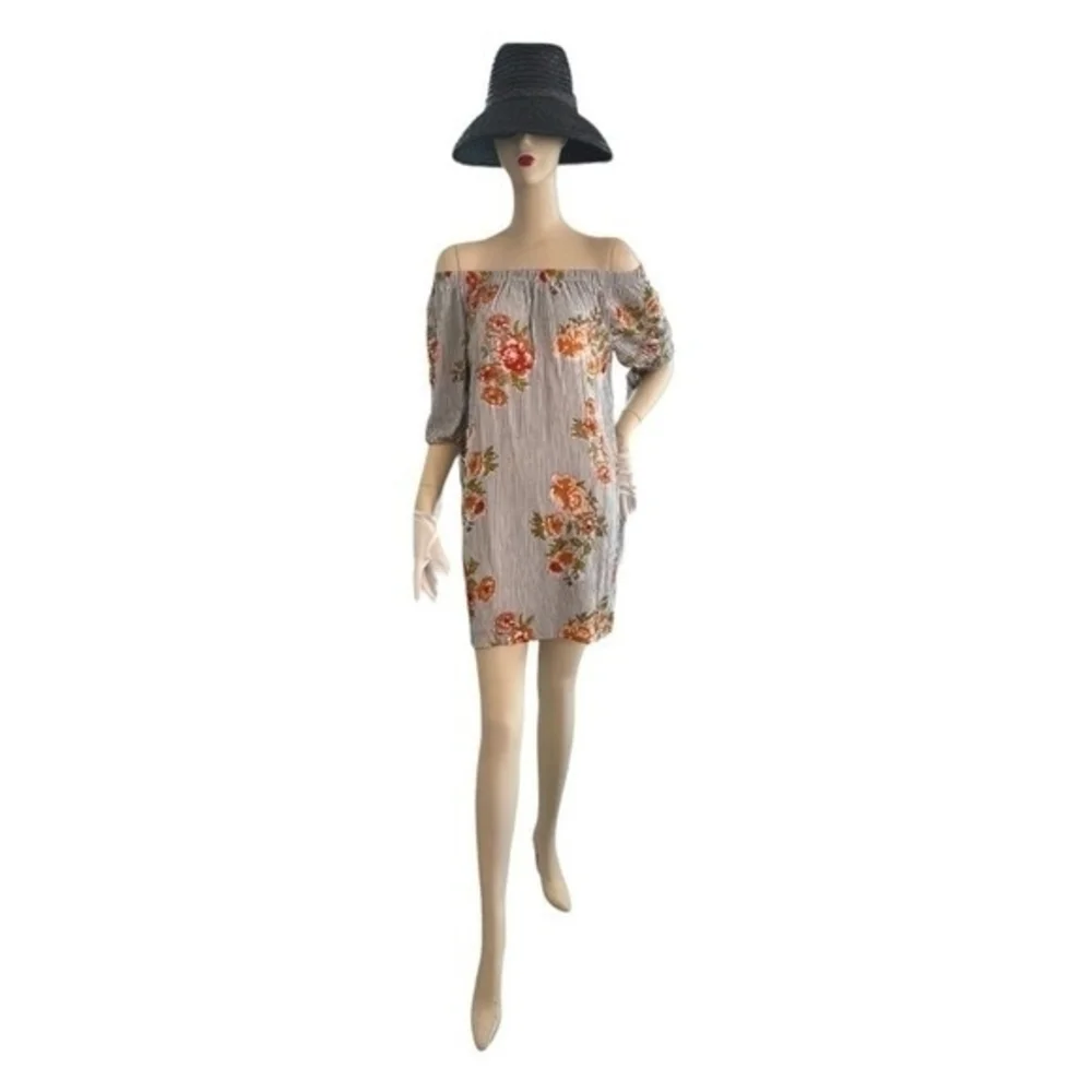 Speed Control NY Women's Off Shoulder Floral Stripe Mini Dress S Knot Sleeve EXC